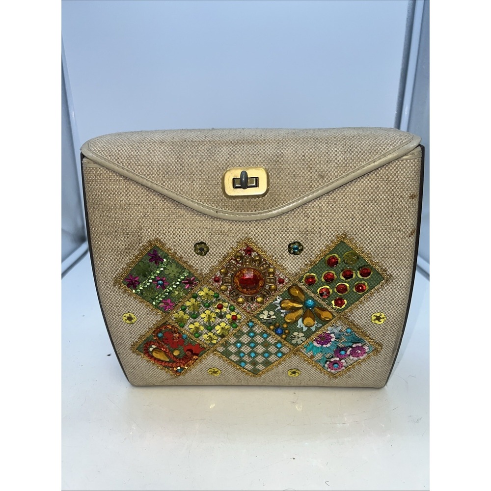Vintage Jeweled Canvas Box Bag Purse Jewel Flowers Wood 1960's - Picture 2 of 7